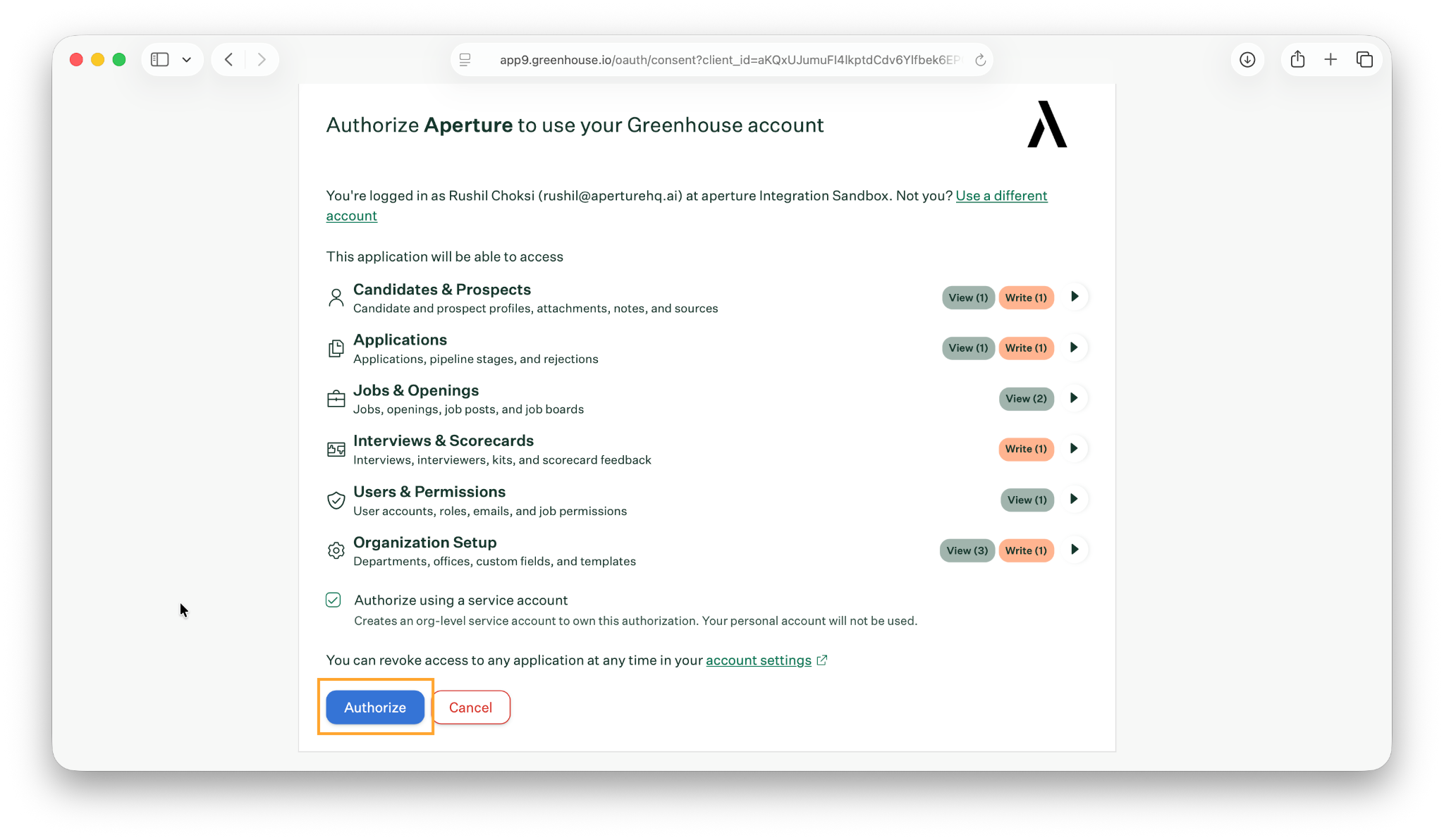 Greenhouse authorization screen showing requested Aperture permissions