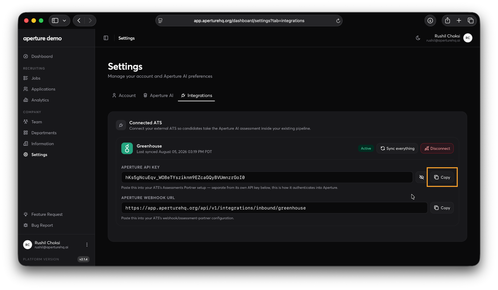 Aperture API key field on the Greenhouse connection