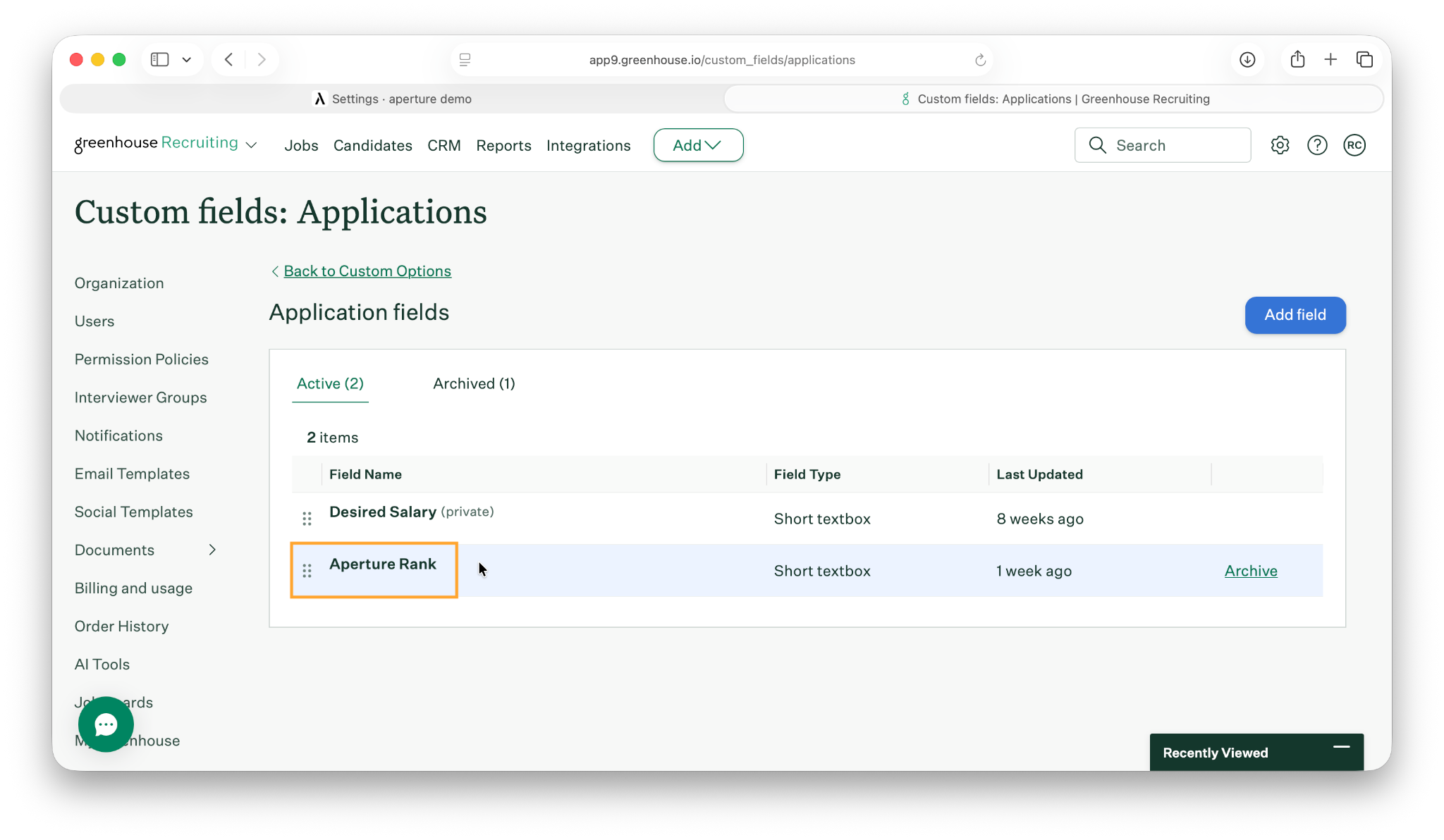 Aperture Rank custom application field in Configure, Custom Options, Application