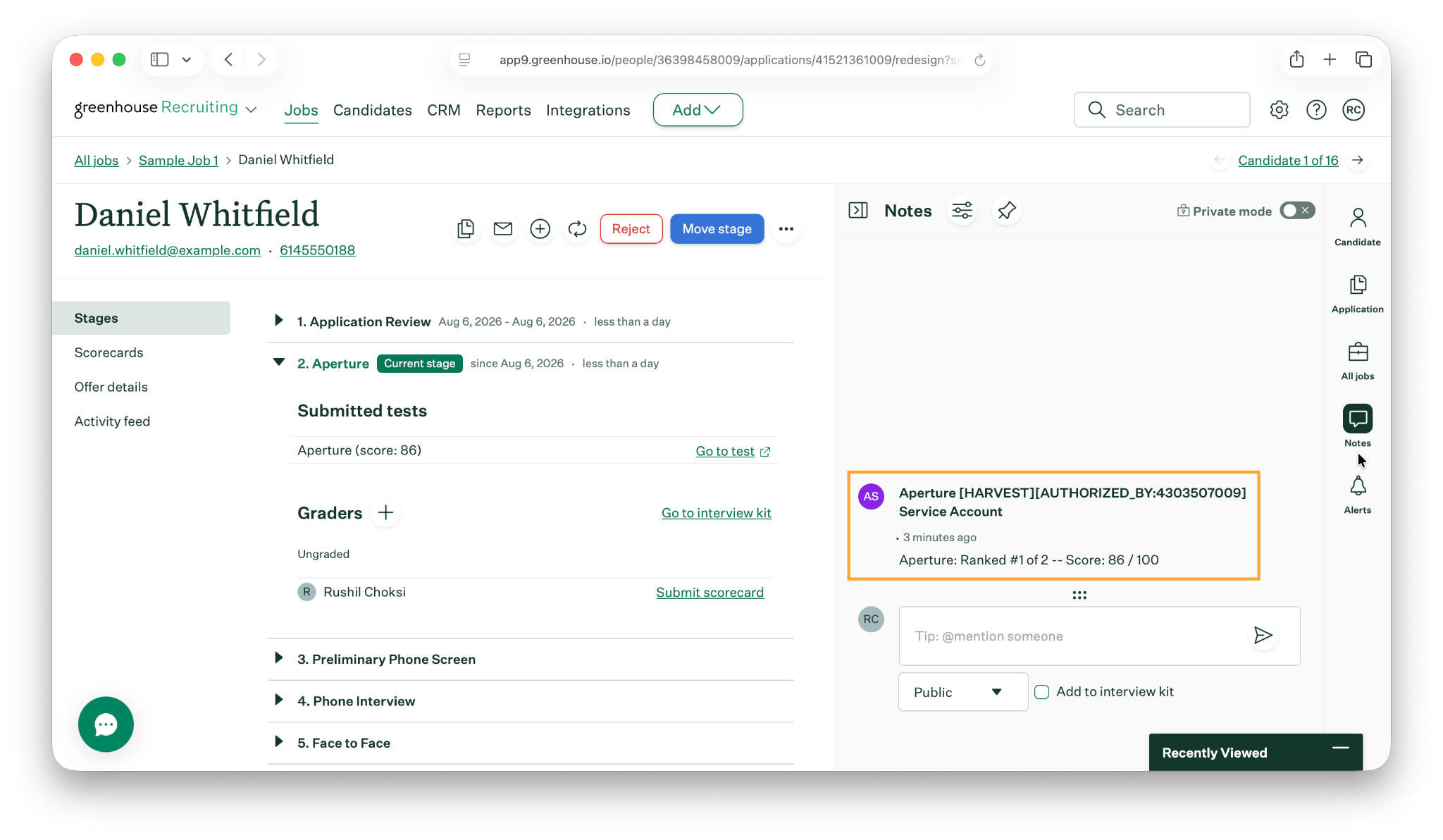 Candidate Activity Feed note showing Aperture rank and score