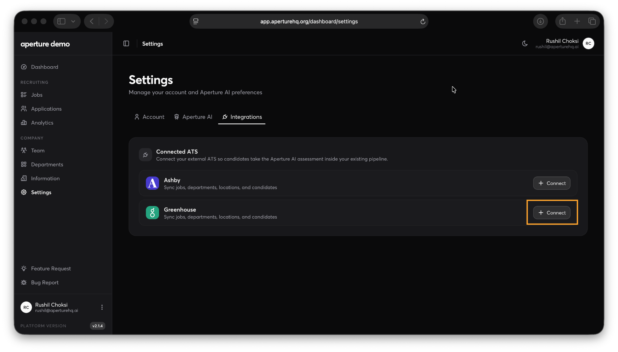Aperture Integrations page with the Greenhouse card