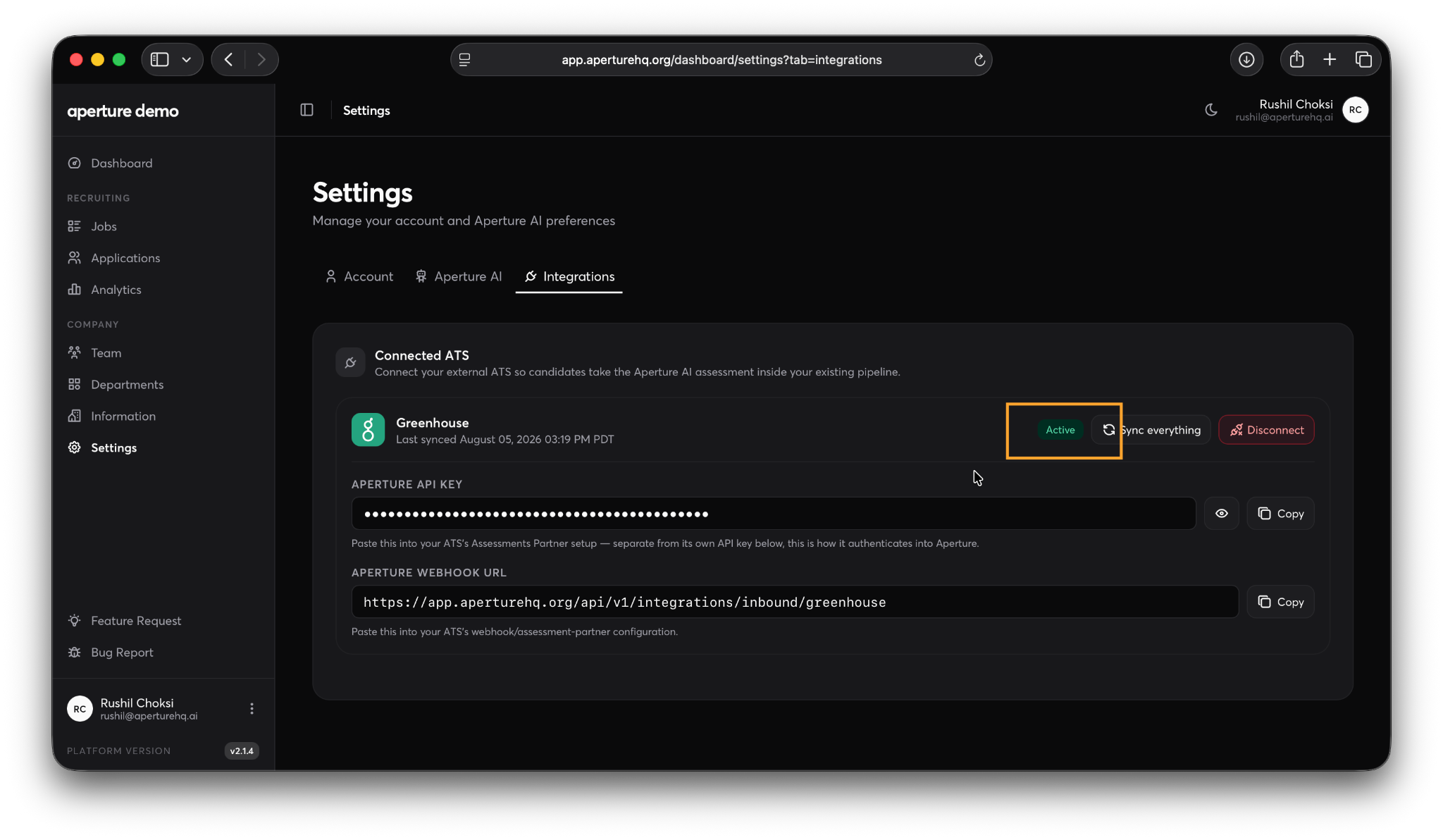 Aperture Greenhouse connection showing Active status