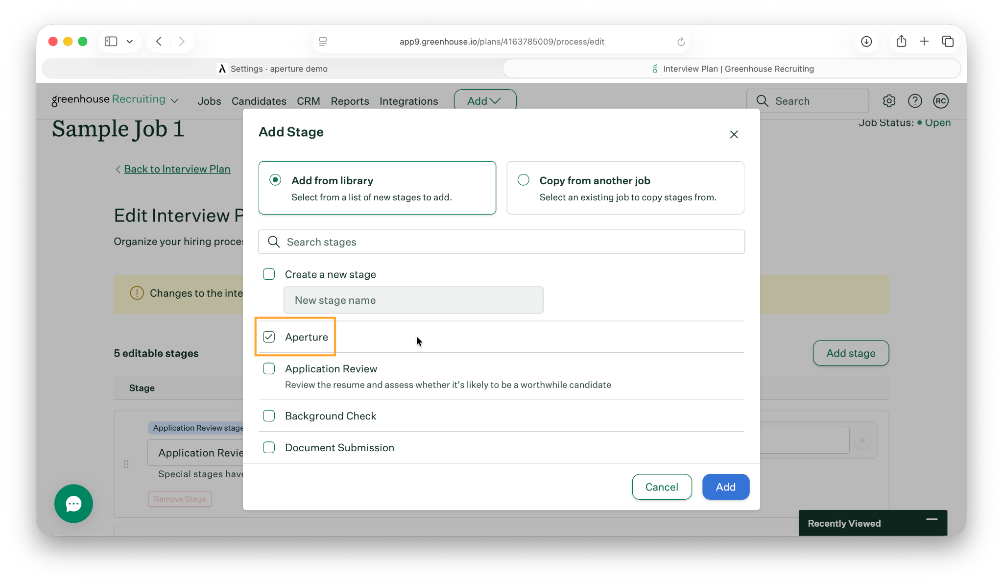 Add a Stage dialog with the Aperture take home test stage