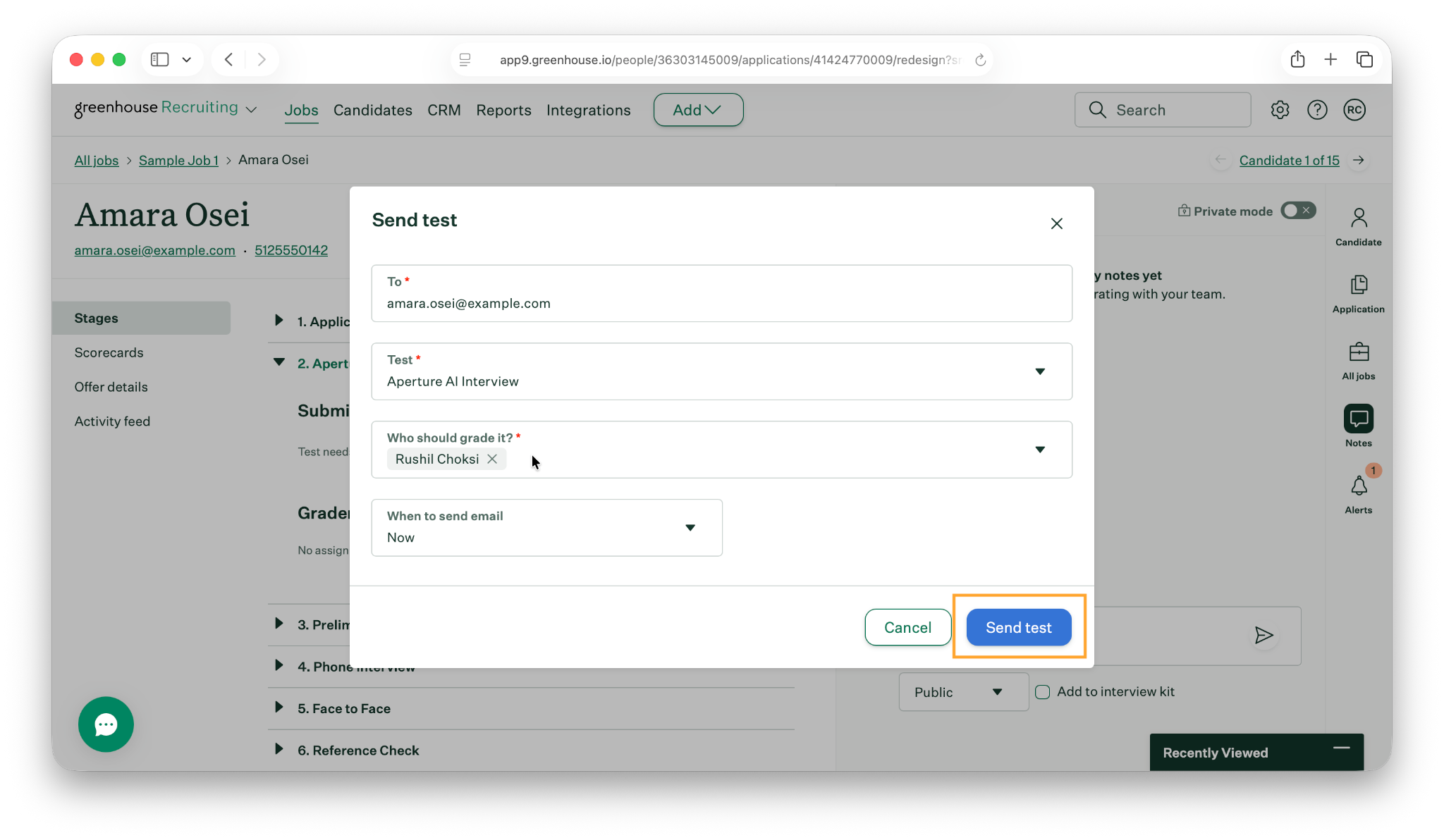Send Test button next to the Aperture stage