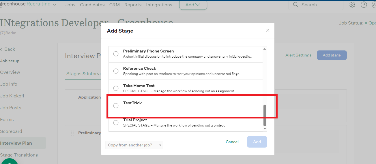 Add a Stage dialog with TestTrick selected