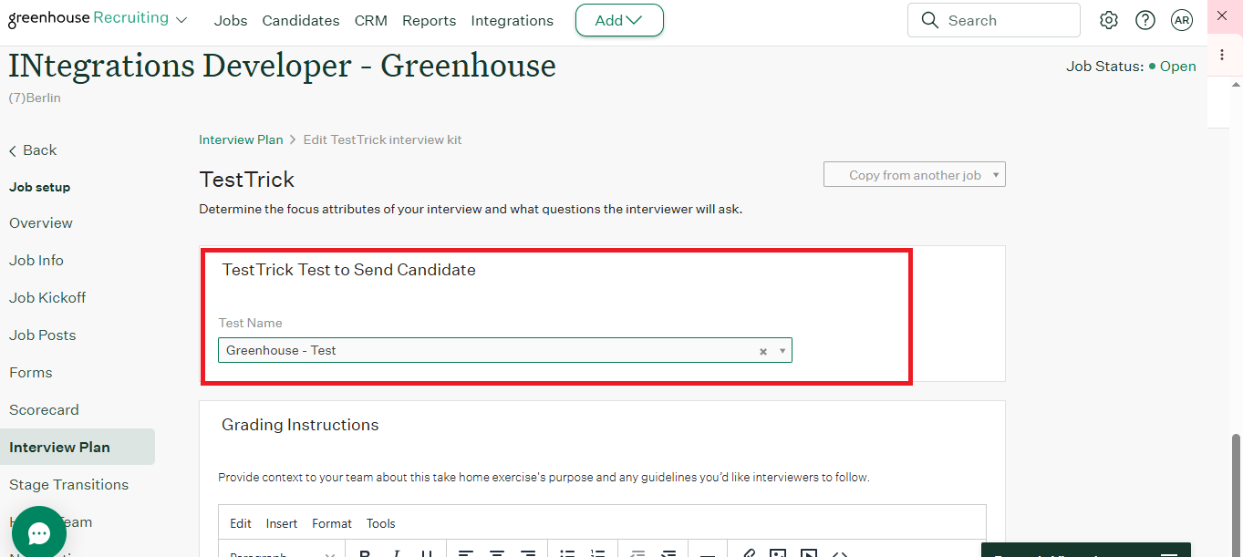 Test name dropdown menu for selecting a TestTrick assessment