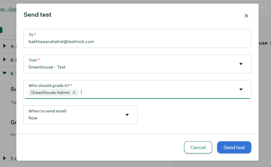 Send Test pop-up confirming the candidate's email address and grader