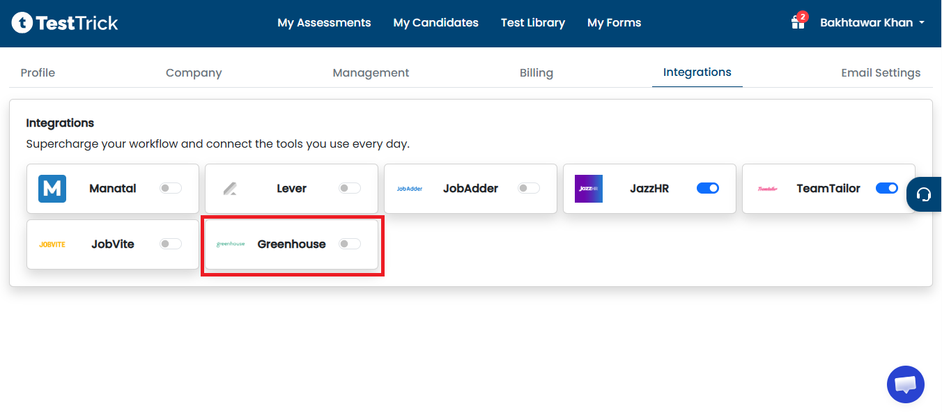 TestTrick Integrations page with the Greenhouse integration