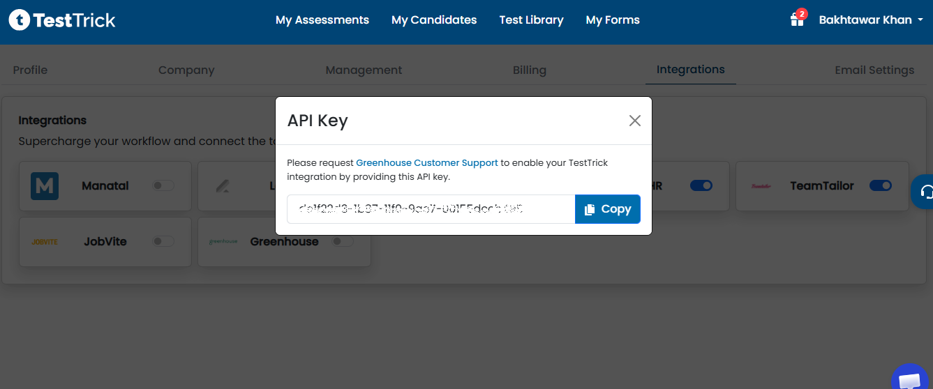 TestTrick API key displayed after enabling the Greenhouse integration