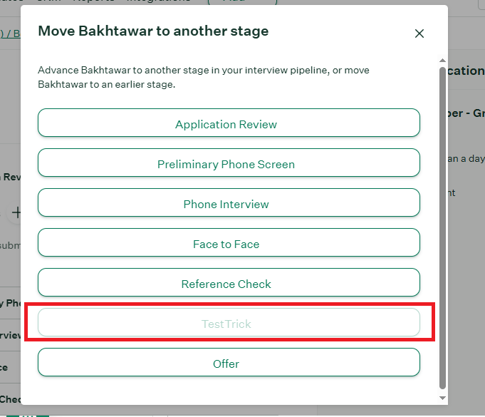 Move Stage option advancing the candidate to the TestTrick stage