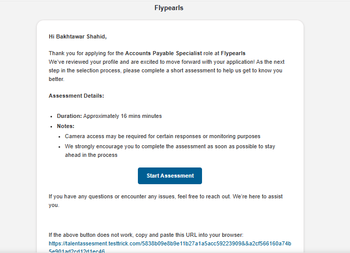 Example TestTrick assessment invitation email