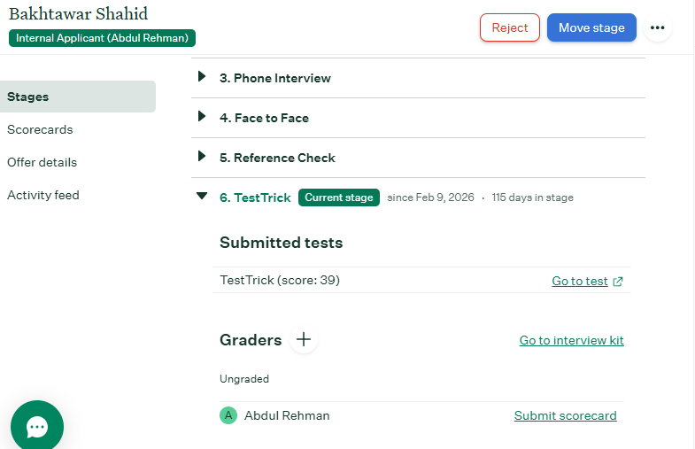 Assessment result displayed to the Greenhouse user