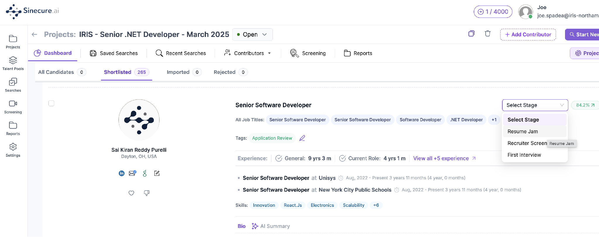 Changing a shortlisted candidate's stage directly in Sinecure — stages shown here (Resume Jam, Recruiter Screen, First Interview) mirror the client's Greenhouse pipeline