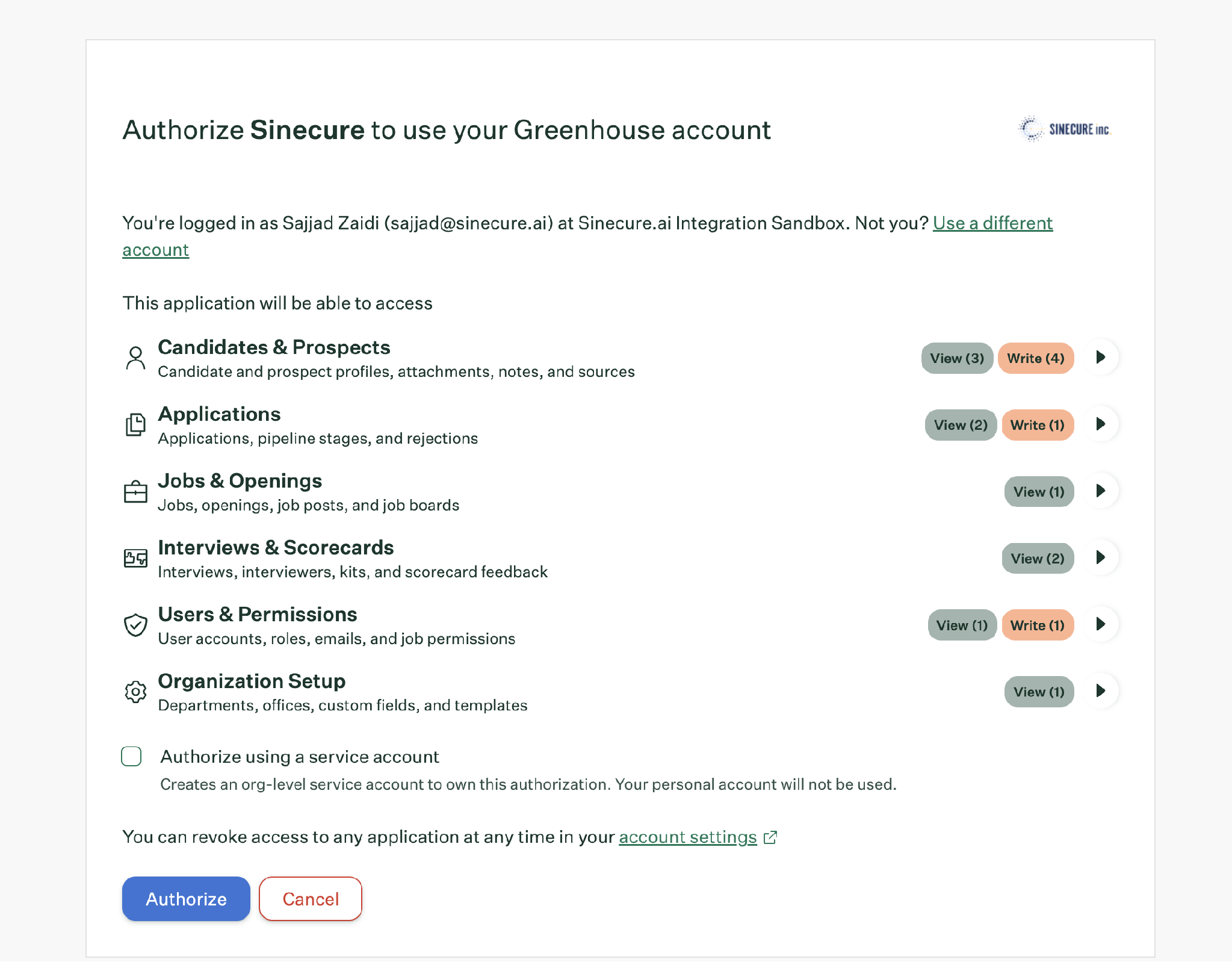Greenhouse OAuth 2.0 consent screen showing requested permissions