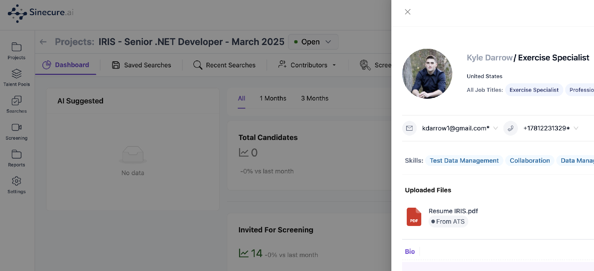 Sinecure's project dashboard for a Greenhouse job ("IRIS – Senior .NET Developer – March 2025"), showing an imported candidate's profile with their résumé pulled in from Greenhouse