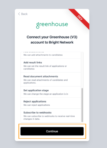 Permissions review screen with Continue button