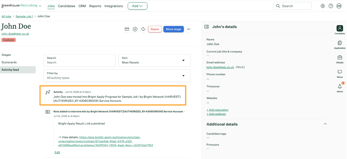 Application moved to the Progressed stage in Greenhouse