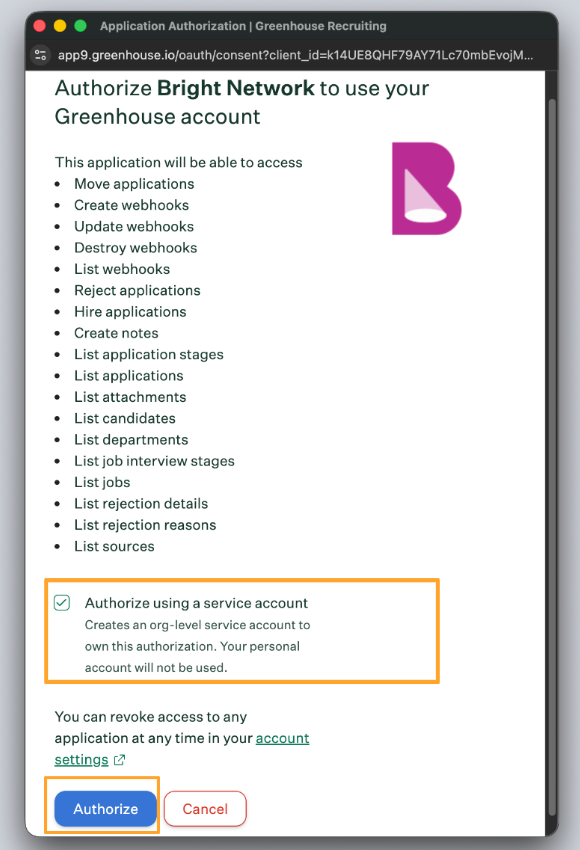 Authorize using a service account checkbox and Authorize button