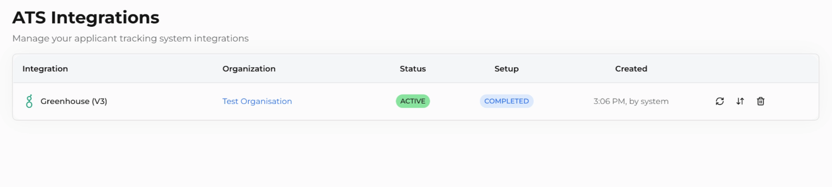ATS Integrations page showing the Greenhouse (V3) integration as Active