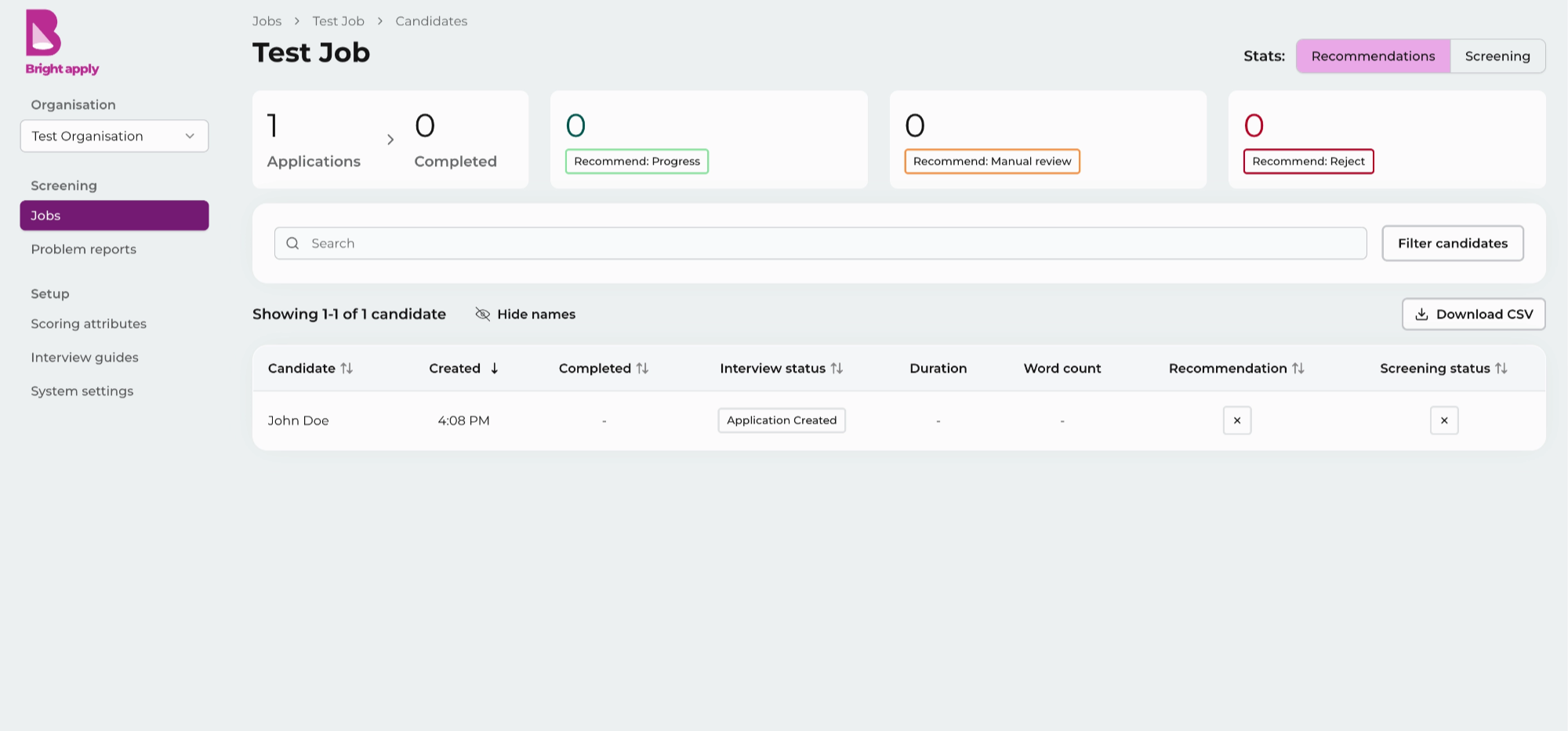 Application Created interview status in Bright Apply admin