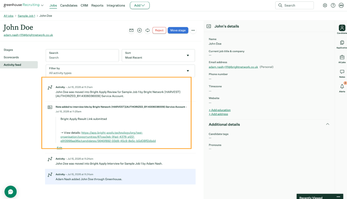 Greenhouse application showing the Bright Apply results link