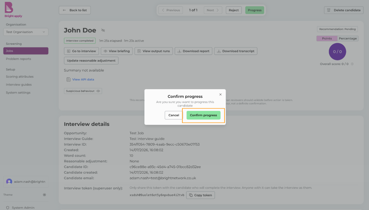Progress or reject decision screen in Bright Apply