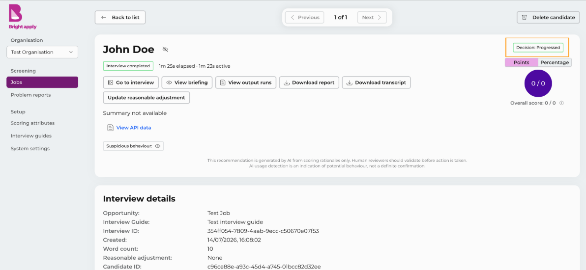 Progress or reject decision confirmation in Bright Apply