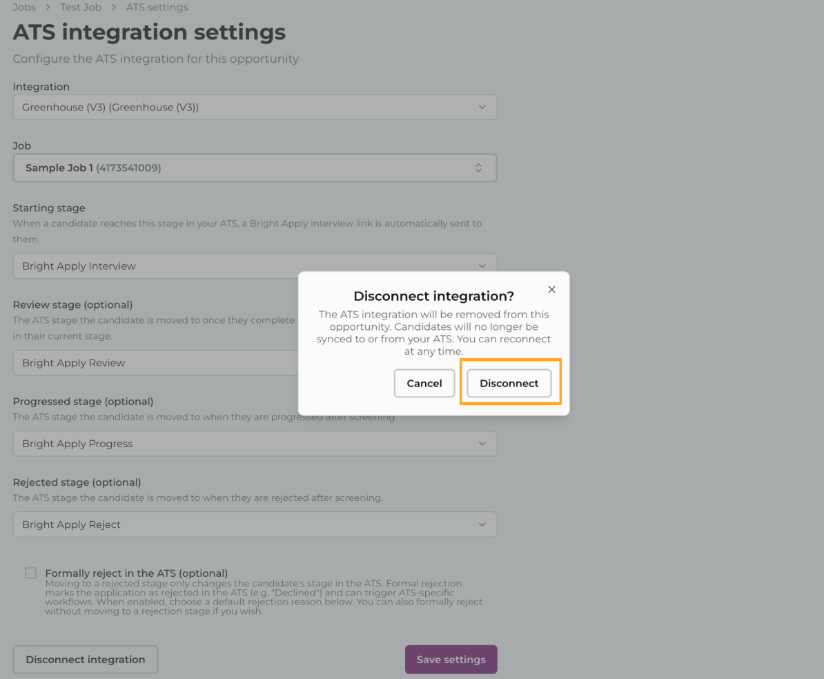 ATS settings page after disconnecting the integration