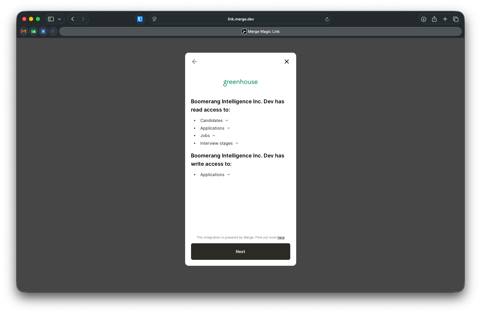 List of fields Boomerang will access, with Next button