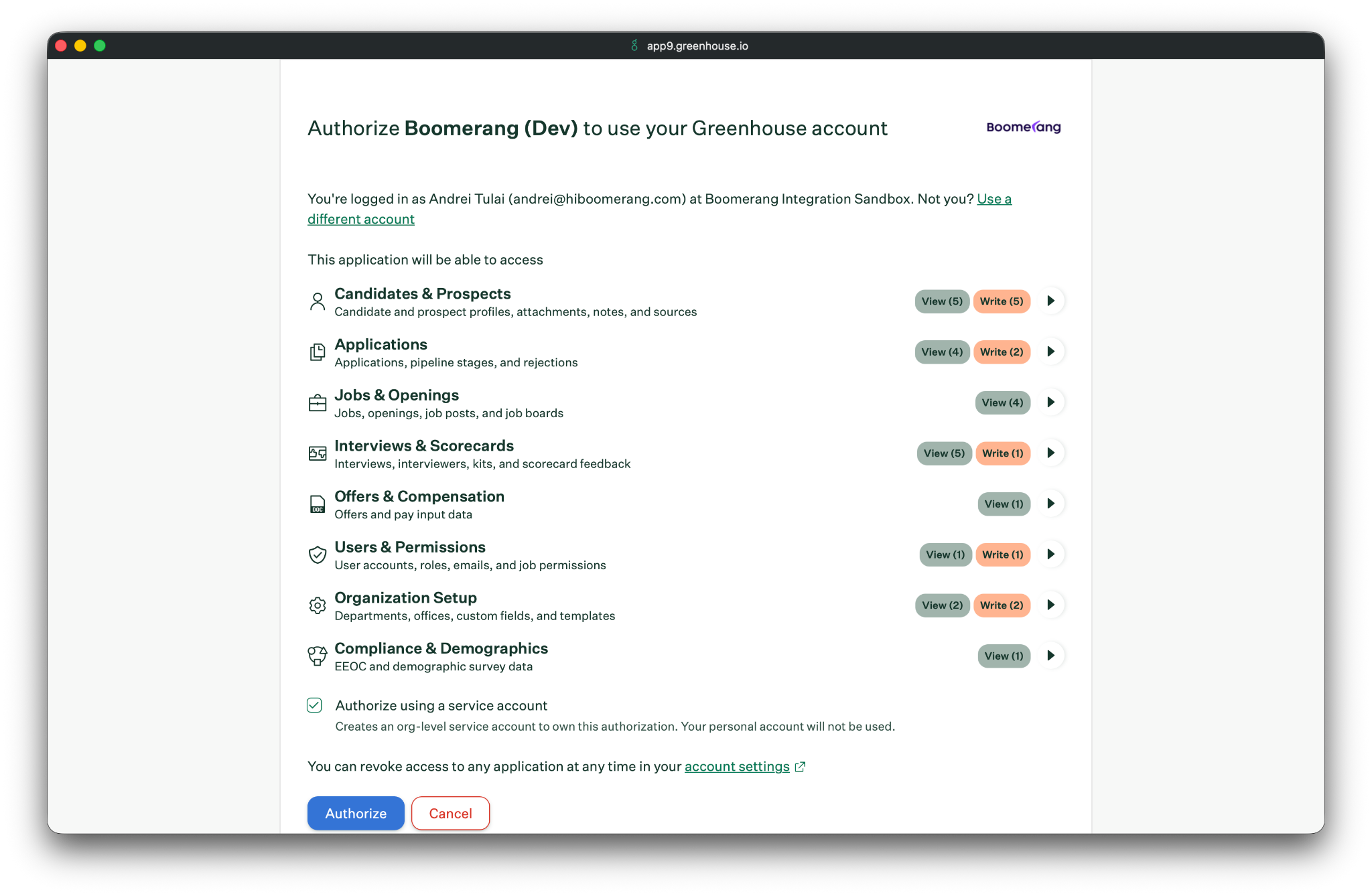 Authorize using a service account checkbox