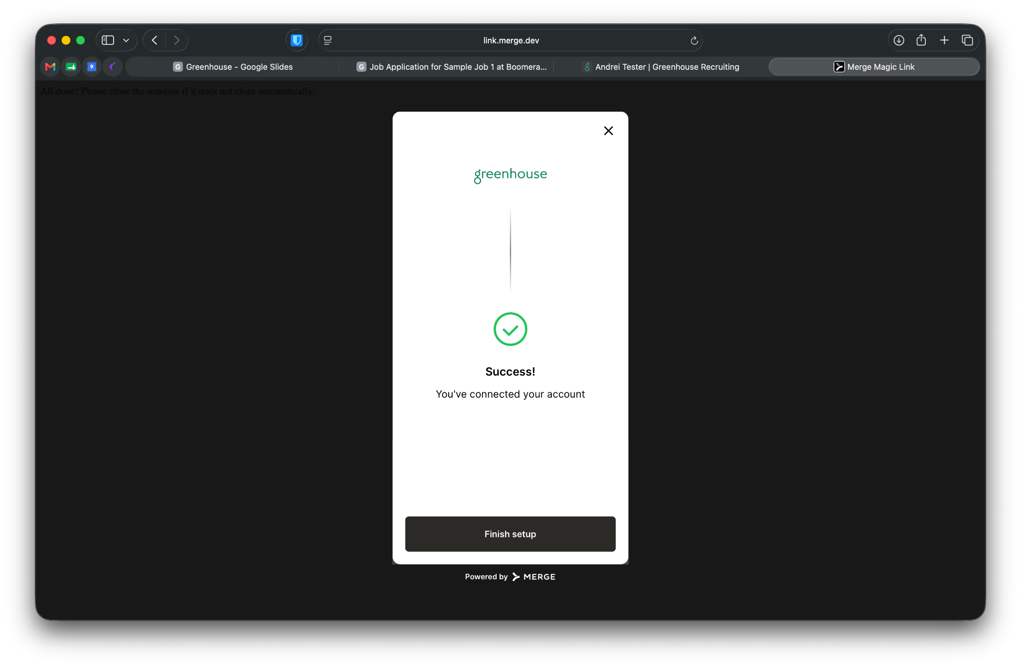 Confirmation screen showing Greenhouse Recruiting is linked