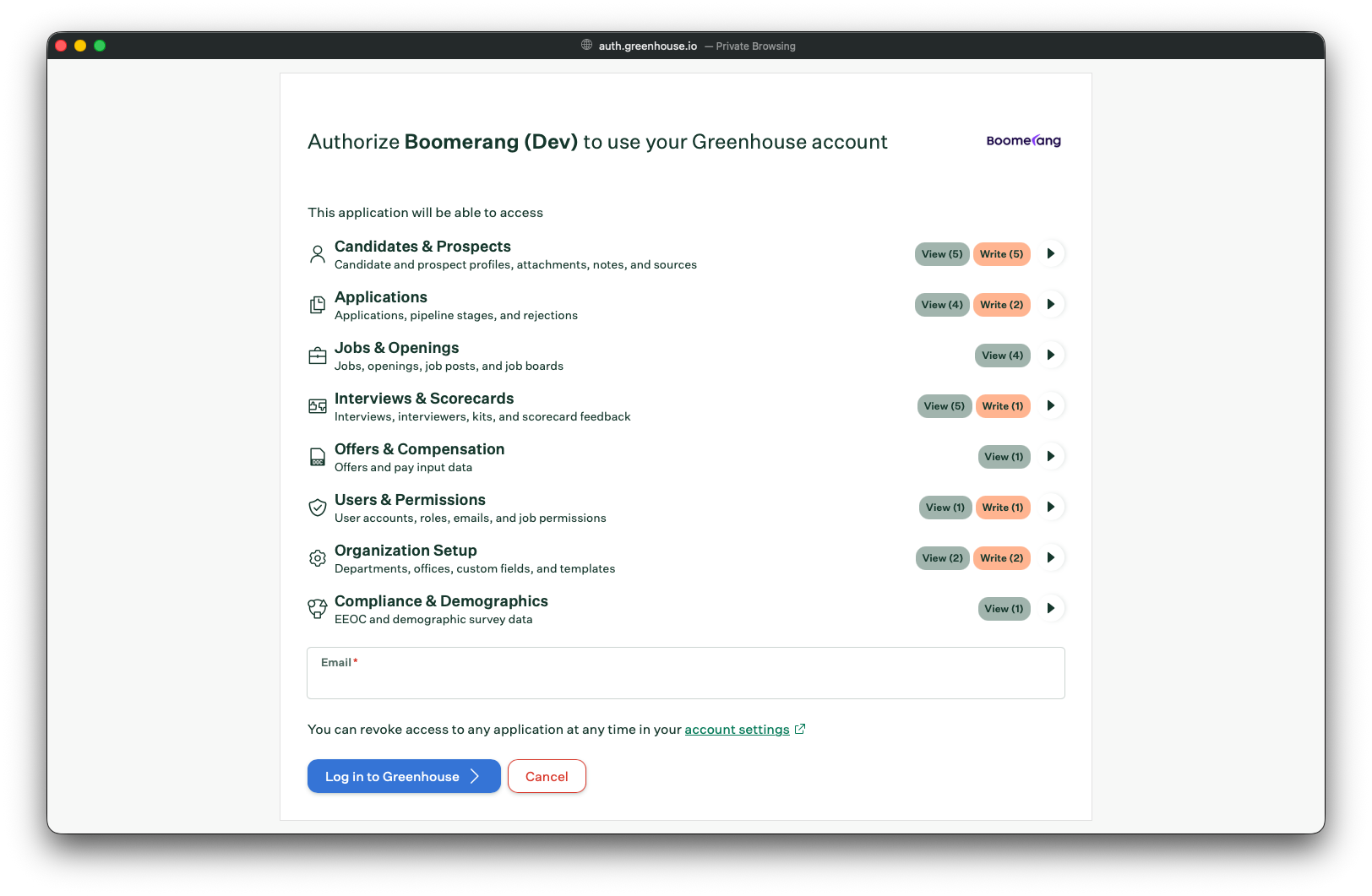 Requested permissions screen listing Boomerang's access