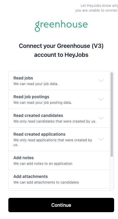 Connection flow showing the scope of the HeyJobs integration