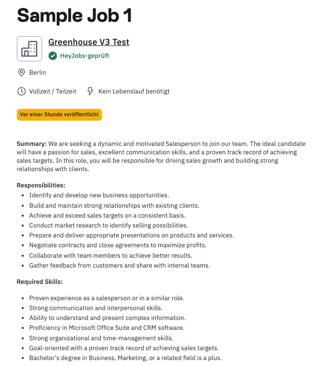 Synced demo job data in the HeyJobs Recruiter Portal, job detail view