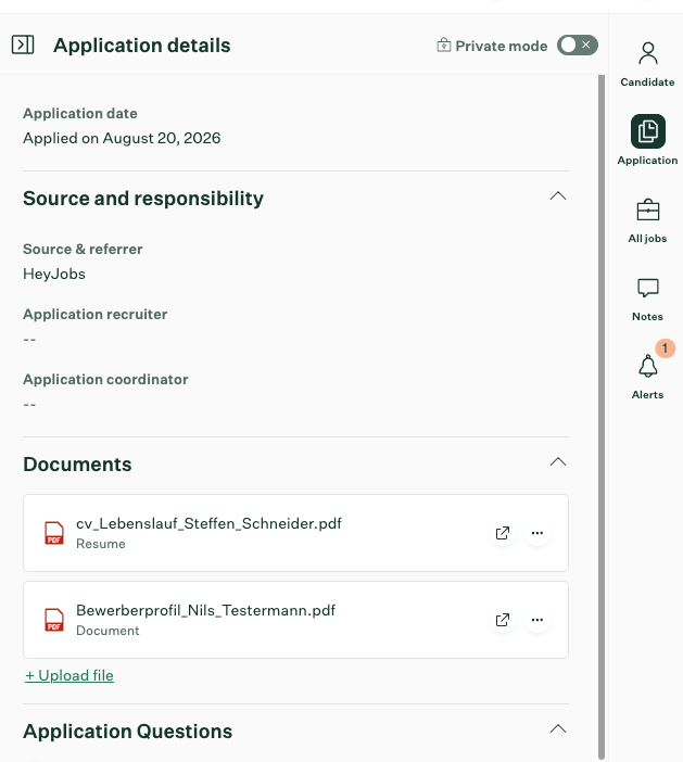 Synced application data in the Greenhouse user interface, expanded view