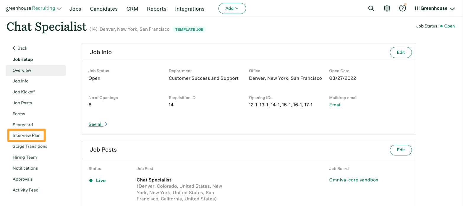 An example job shows Interview Plan highlighted on the left of the page