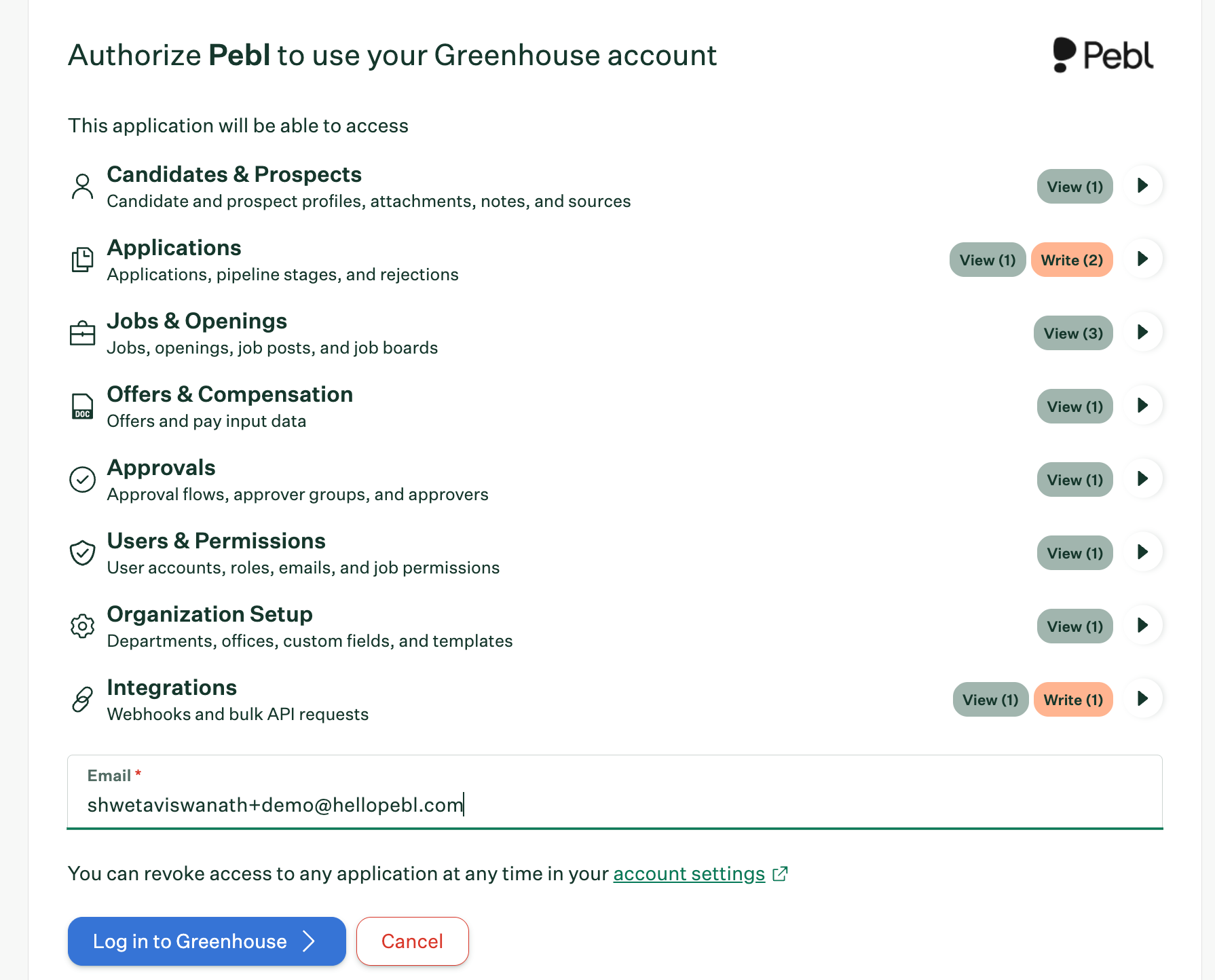 Greenhouse permissions authorization screen for the Pebl integration