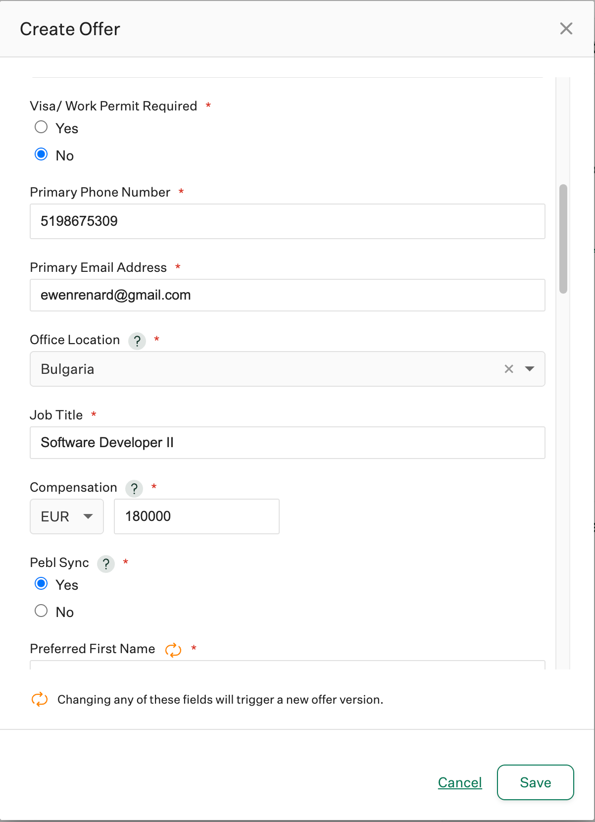 Pebl Sync field set to Yes