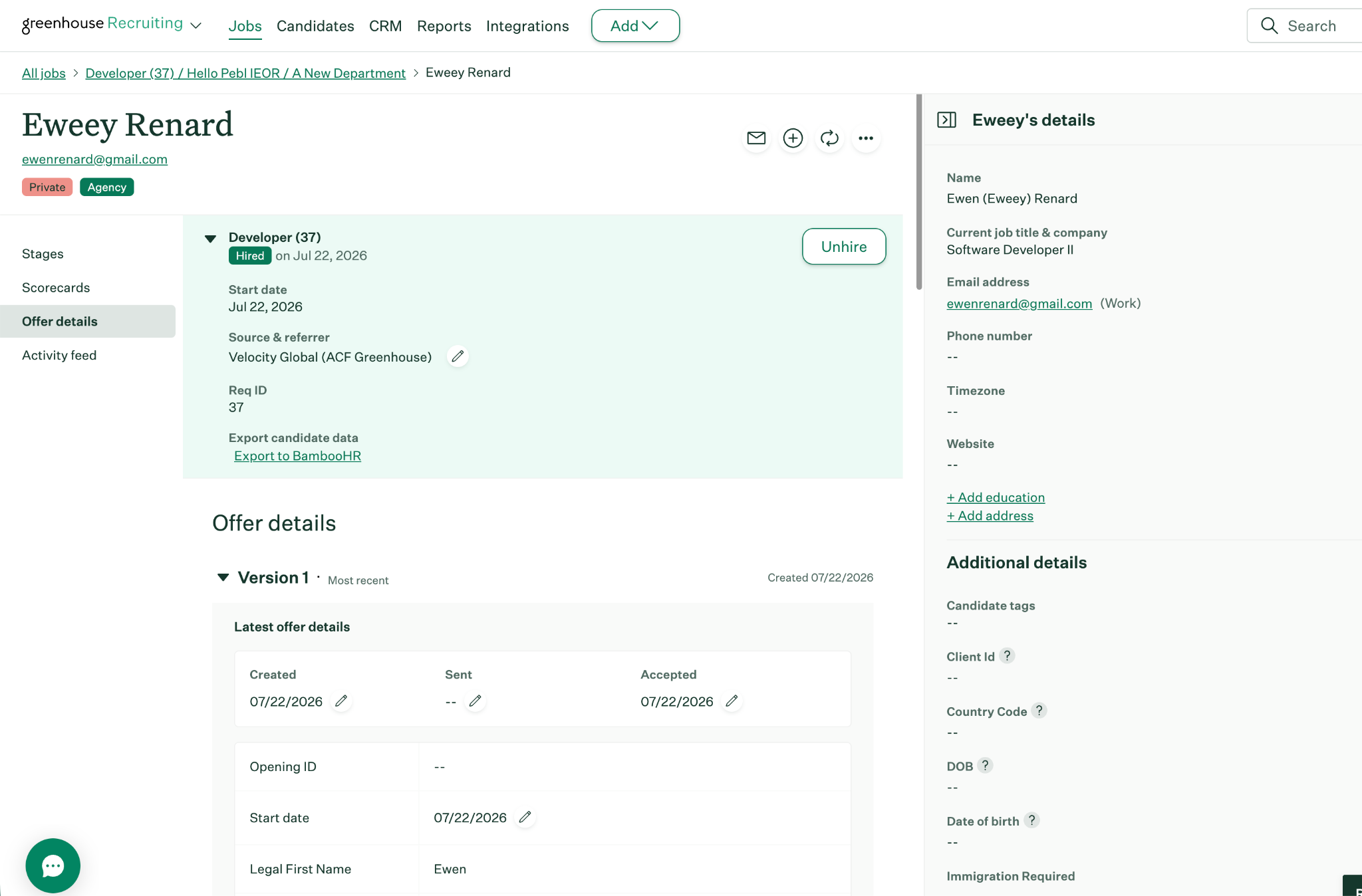 Candidate marked Hired in Greenhouse with recruiter email notification