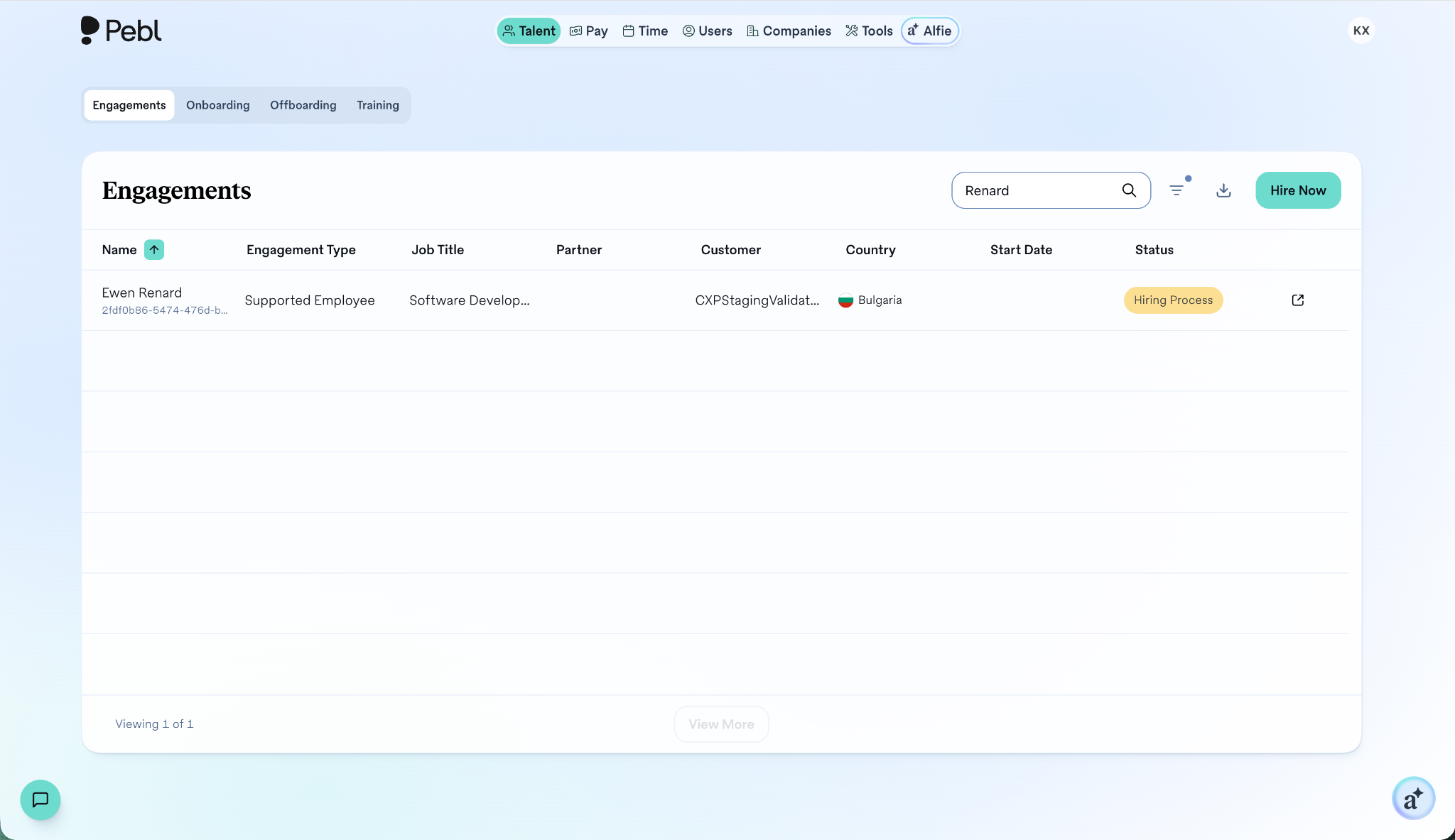 Synced employment record in Pebl