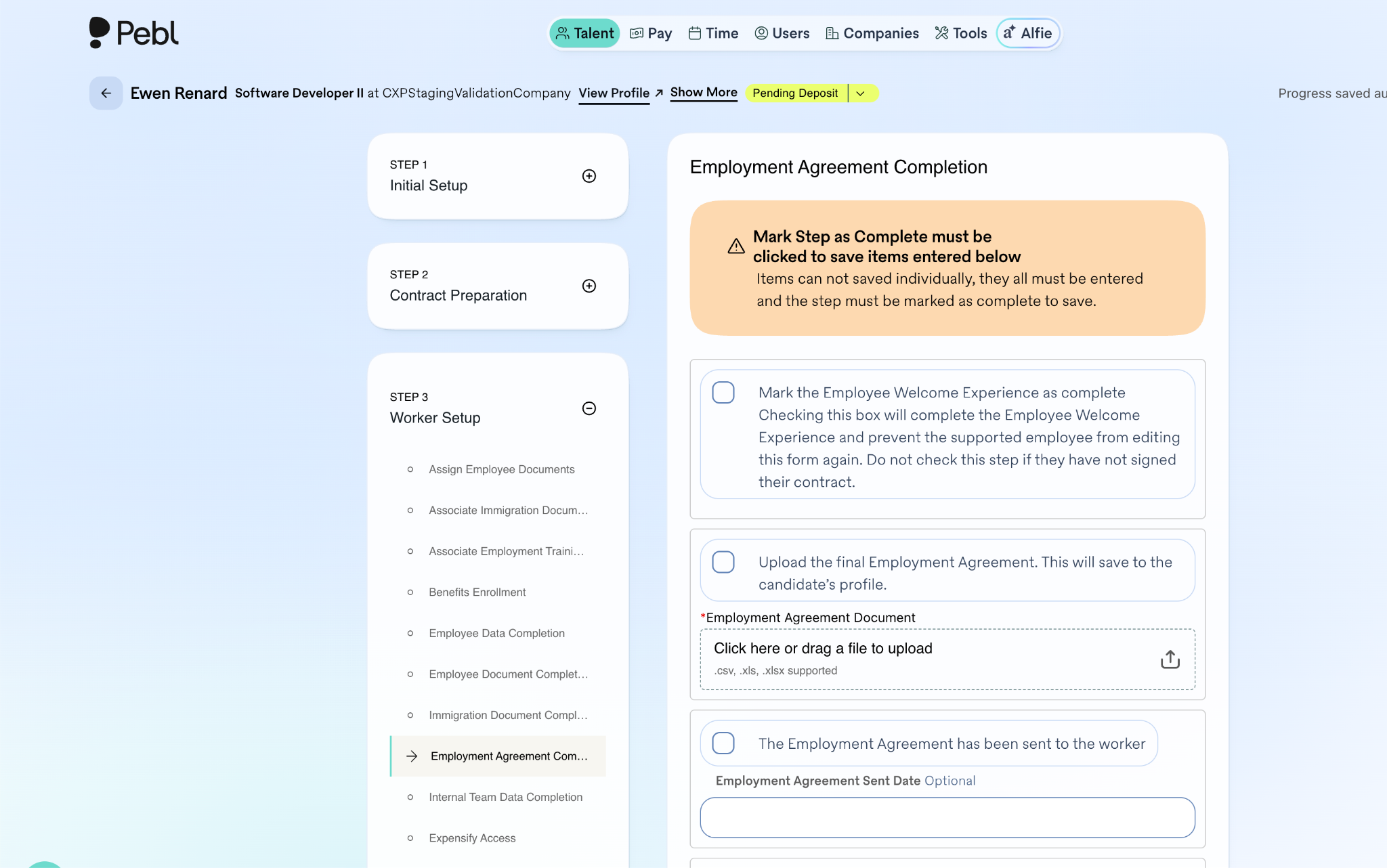 Step 3 Worker Setup tab, Employment Agreement Completion