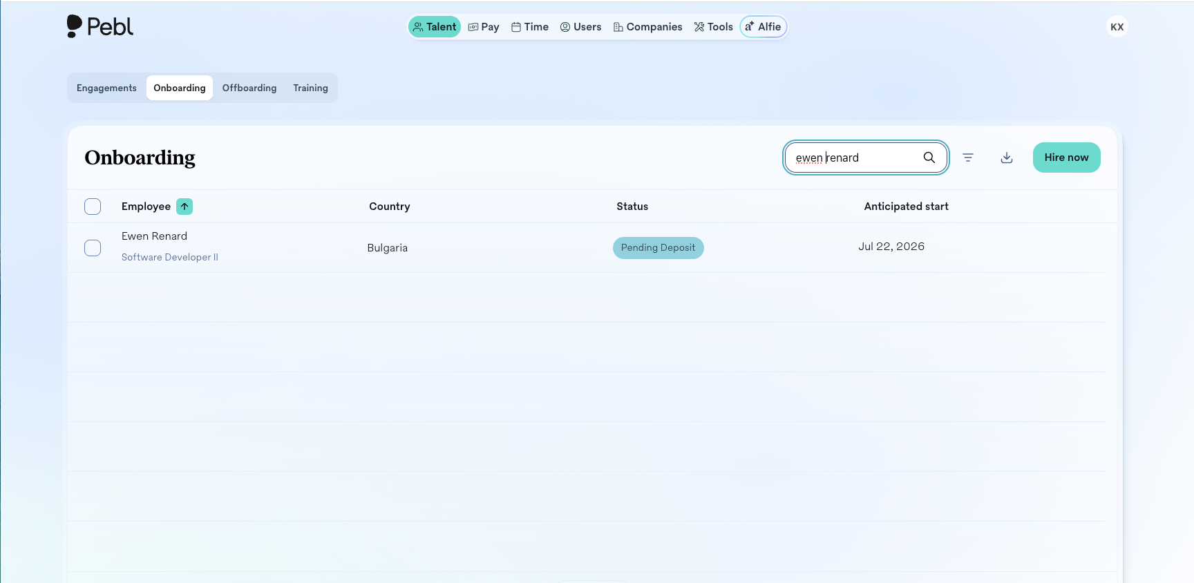 Talent > Onboarding search in Pebl