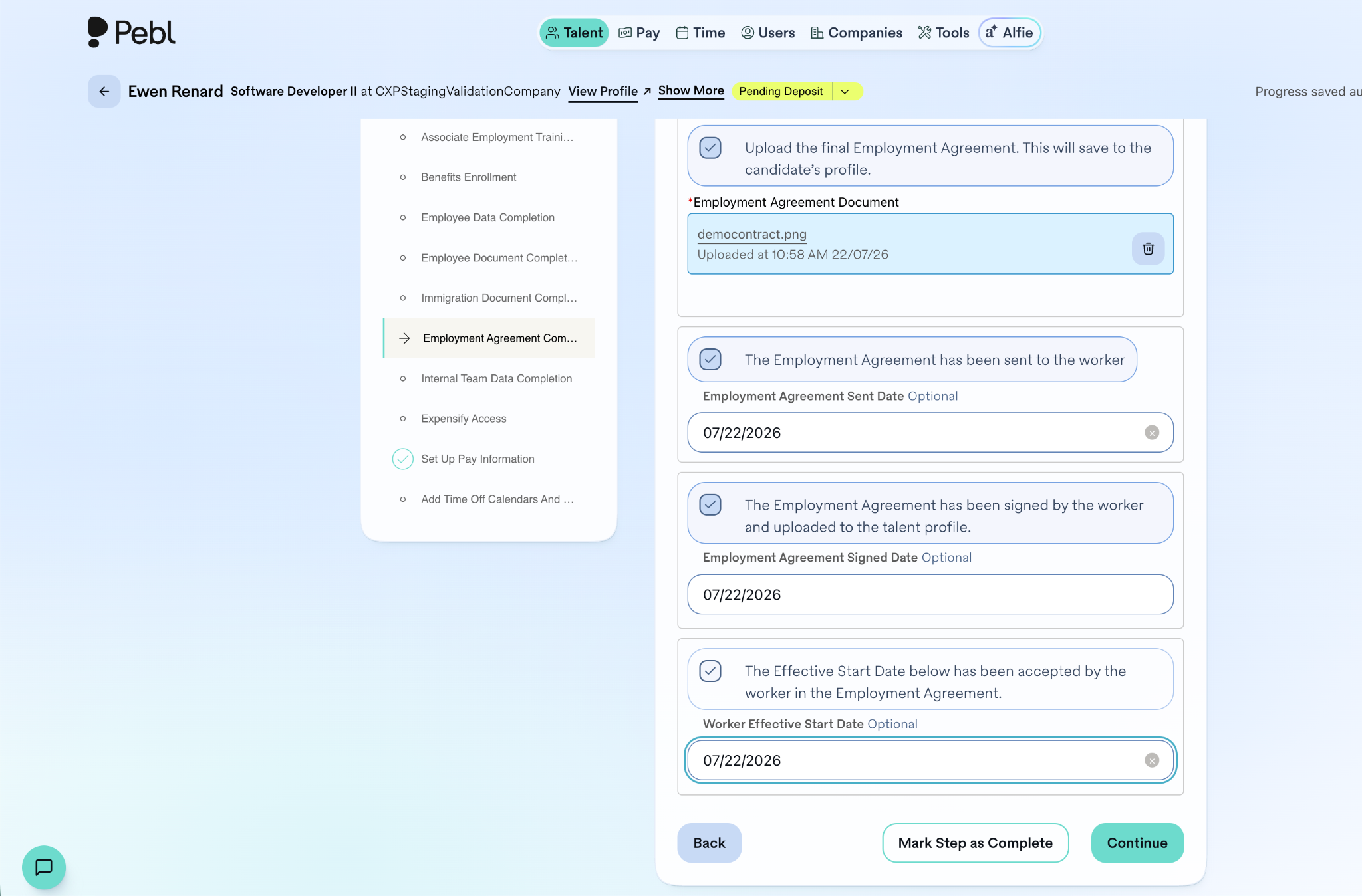 Contract agreement upload and Mark Step as Complete