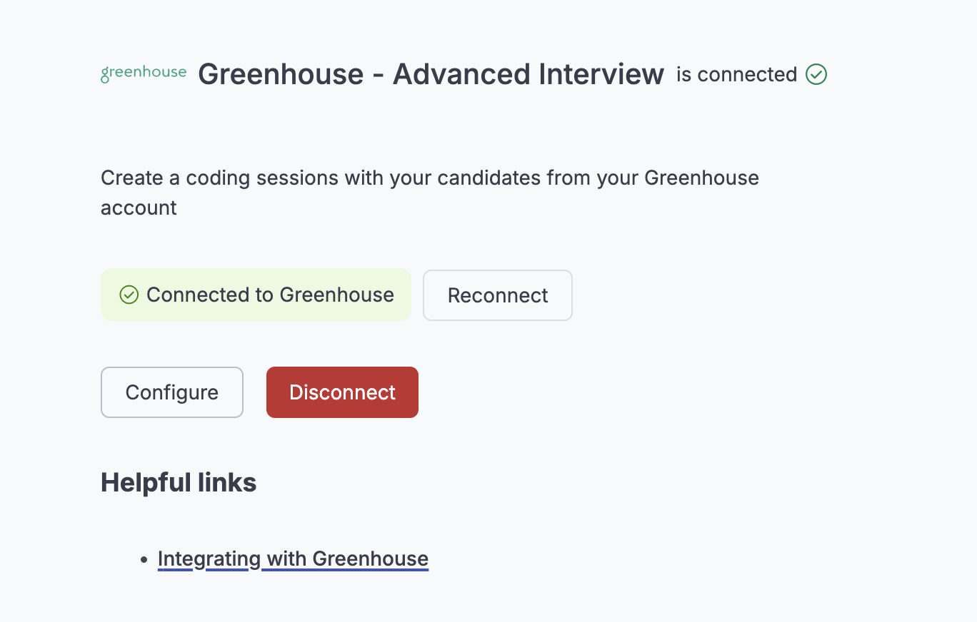 Codility Advanced Interview integration showing active connection