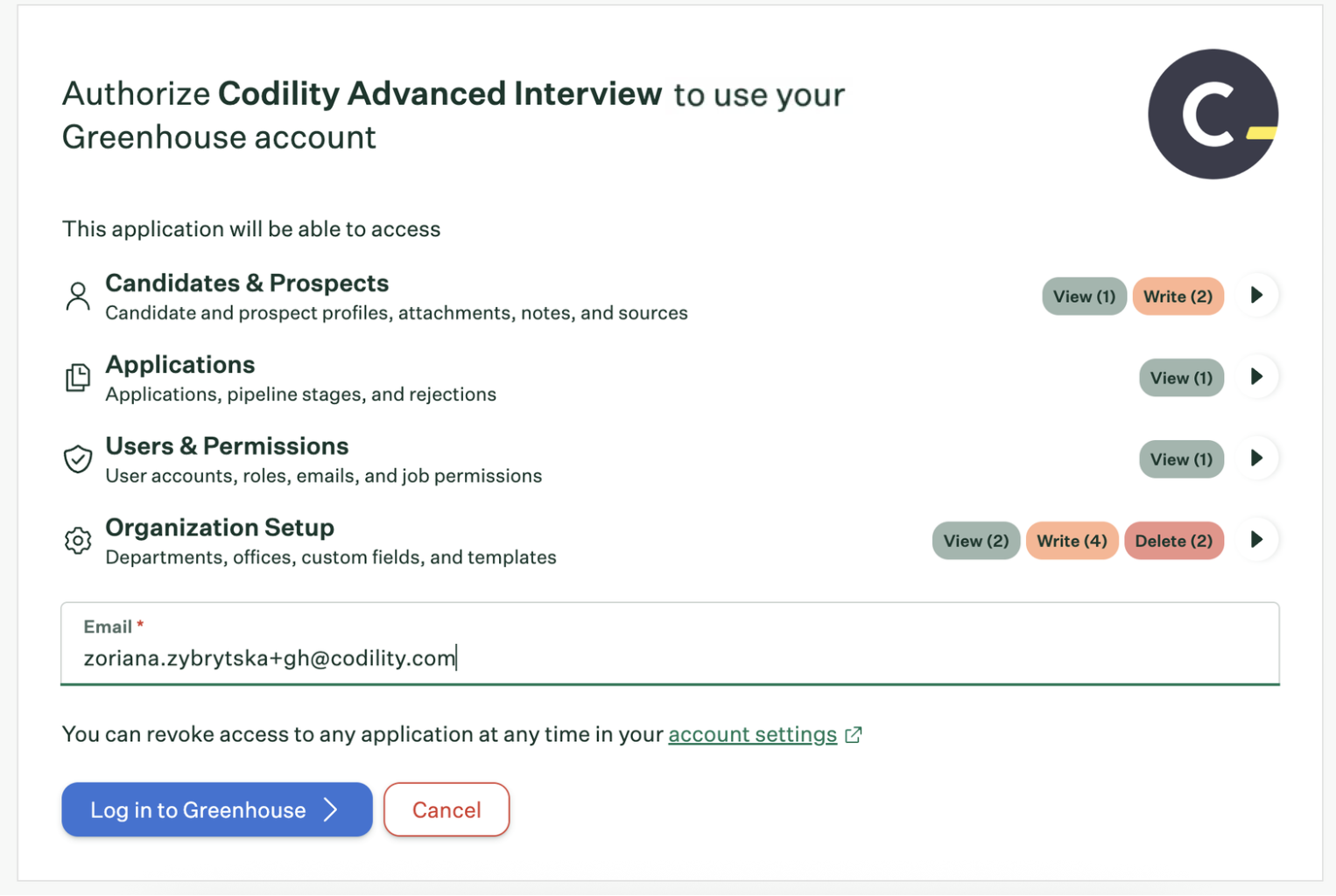 Codility redirect confirming successful Greenhouse authorization