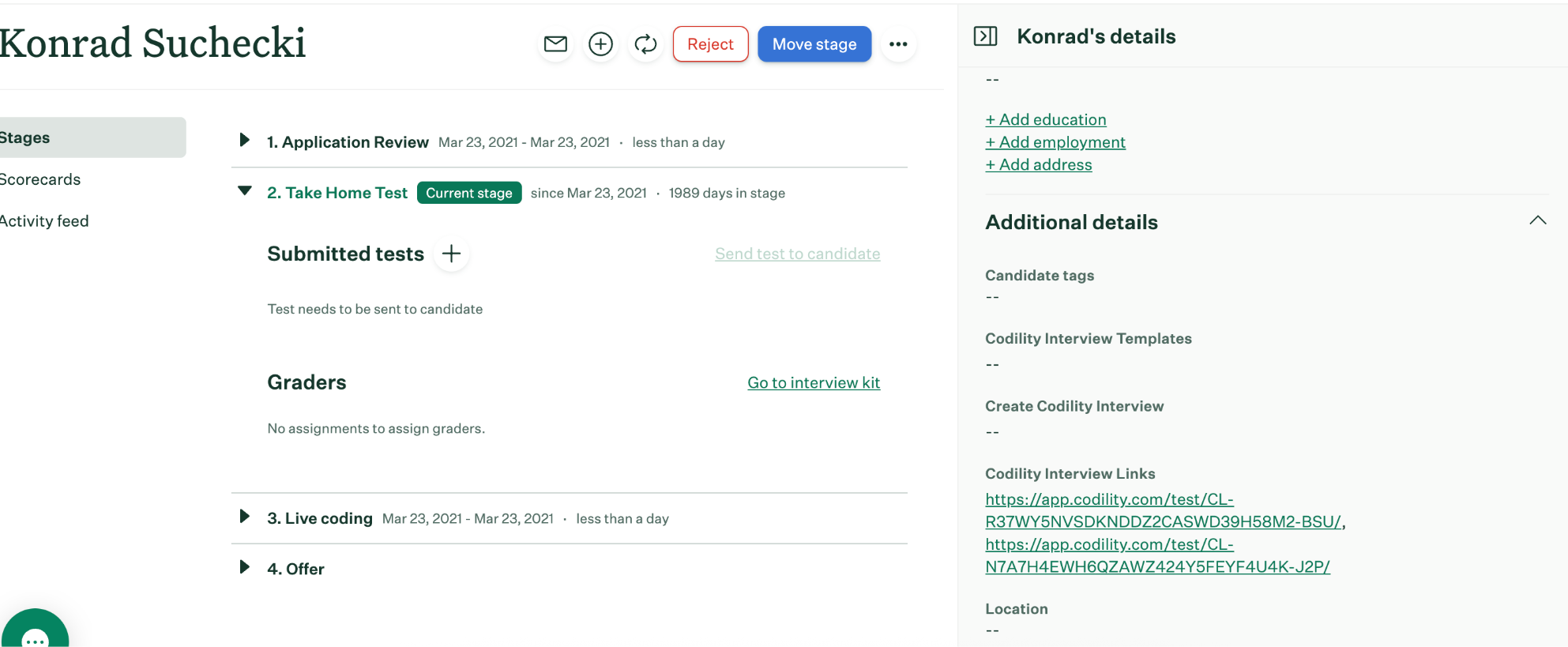 Codility Interview Templates field showing available templates