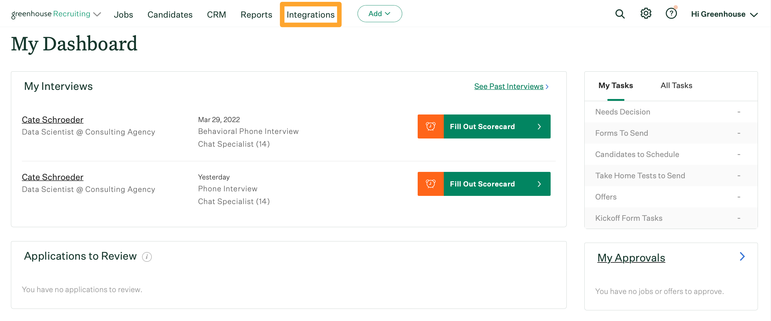 Integrations tab is shown on the Greenhouse Recruiting platform