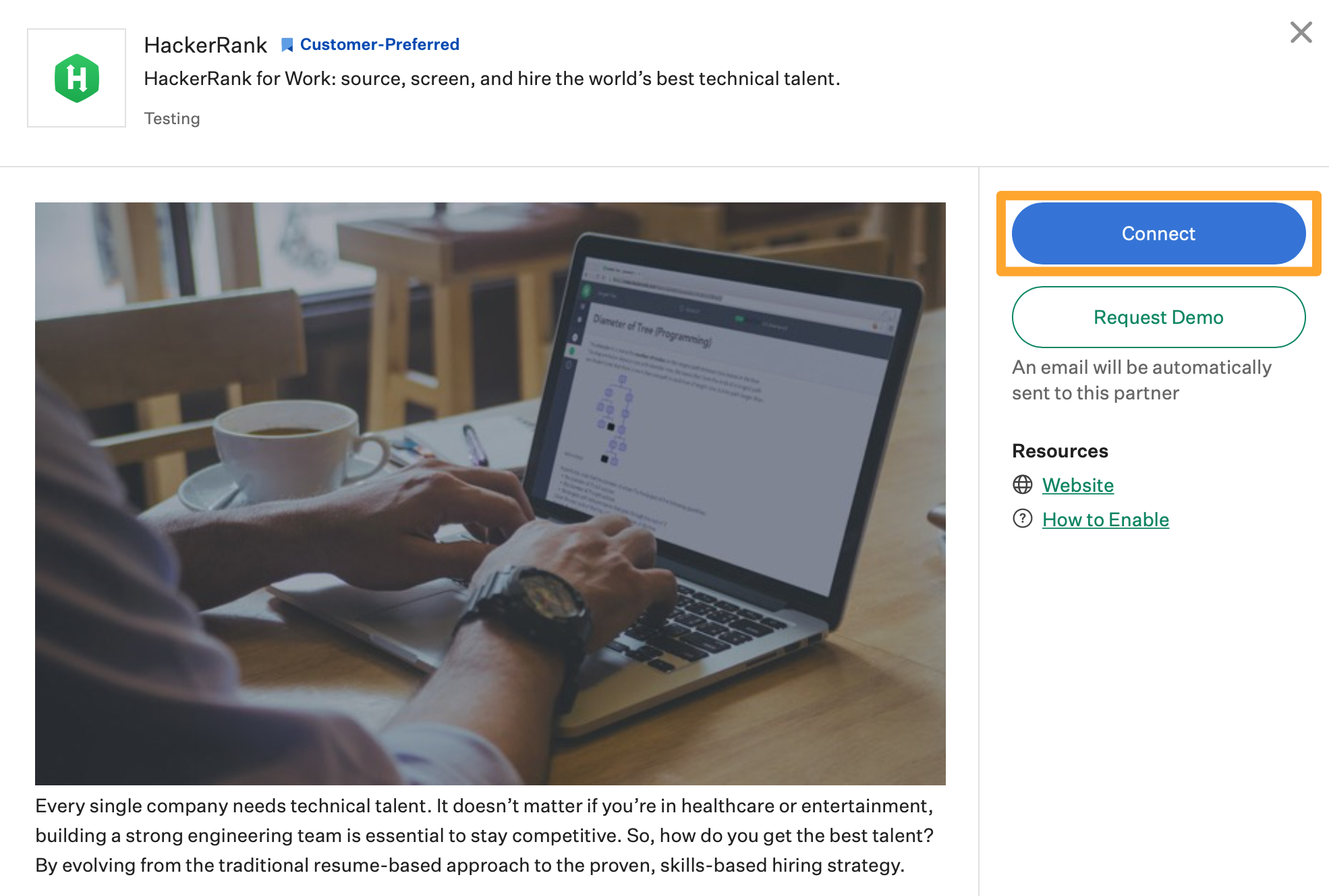 The Connect button is highlighted in marigold on the HackerRank integration