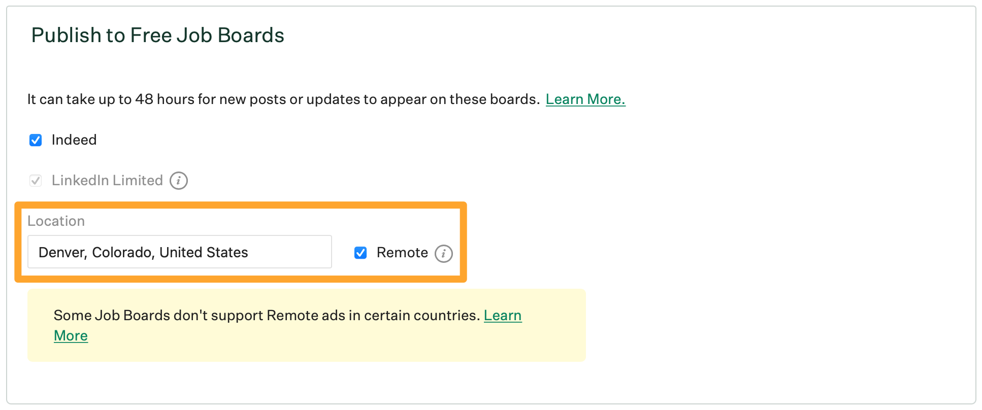 The publish to free job boards section shows Indeed and LinkedIn Limited checked, with an example location of Denver, Colorado, United States and the remote option checked