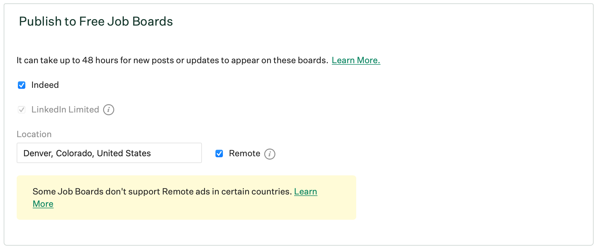 The publish to free job boards section shows Indeed and LinkedIn Limited checked, with an example location of Denver, Colorado, United States and the remote option checked